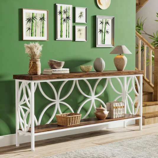 71" Extra-Long Console Table with Geometric Quatrefoil Metal Frame – Rustic Brown & White