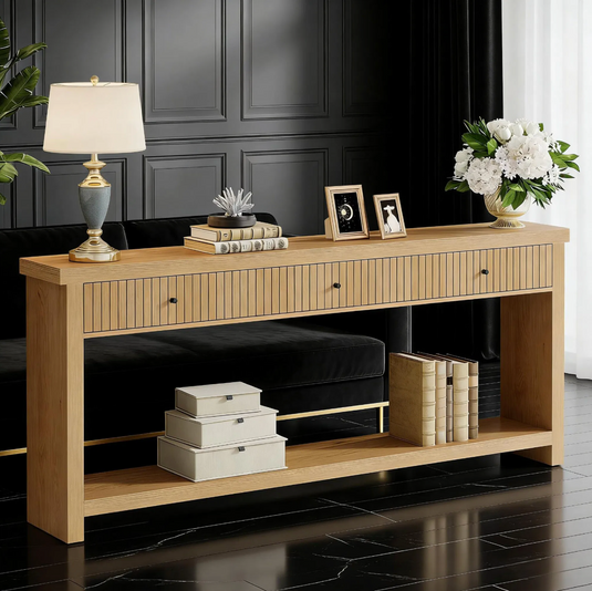 71" Japandi Fluted Console Table with 3 Drawers & Open Bottom Shelf – Natural Oak Finish