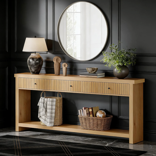 71" Japandi Fluted Console Table with 3 Drawers & Open Bottom Shelf – Natural Oak Finish