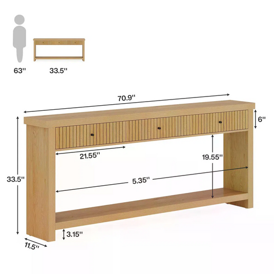 71" Japandi Fluted Console Table with 3 Drawers & Open Bottom Shelf – Natural Oak Finish