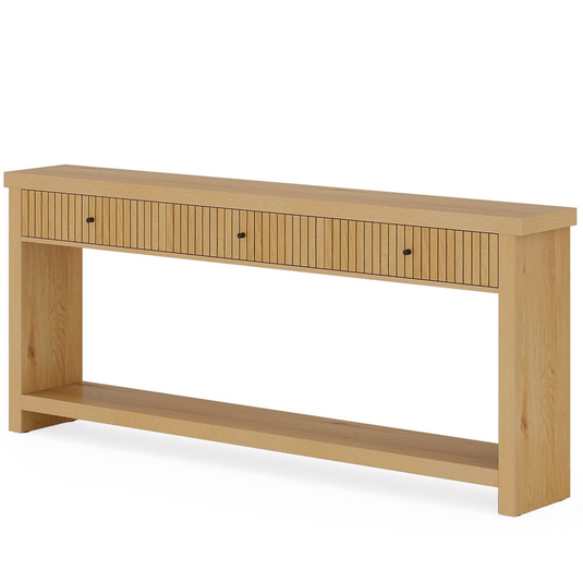 71" Japandi Fluted Console Table with 3 Drawers & Open Bottom Shelf – Natural Oak Finish