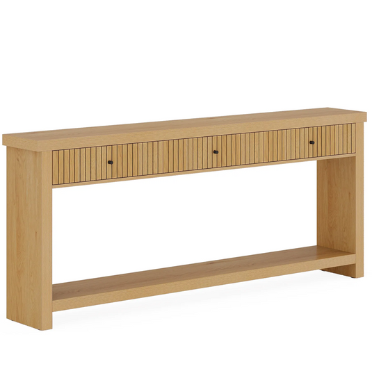 71" Japandi Fluted Console Table with 3 Drawers & Open Bottom Shelf – Natural Oak Finish