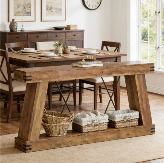 71" Rustic Industrial Trestle Console Table with Metal X-Brace & Bottom Shelf – Reclaimed Barnwood Finish