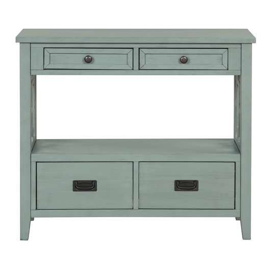 36" Solid Pine Farmhouse Console Table with 4 Drawers & Open Shelf – Retro Blue