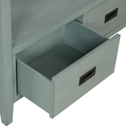 36" Solid Pine Farmhouse Console Table with 4 Drawers & Open Shelf – Retro Blue