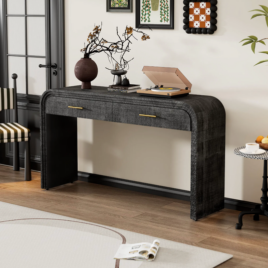 59" Curved Waterfall Console Table with 2 Drawers – Antique Black