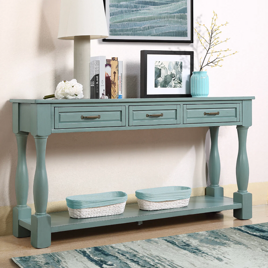 63" Extra-Long Solid Pine Console Table with 3 Drawers, Bottom Shelf & Turned Legs – Retro Blue