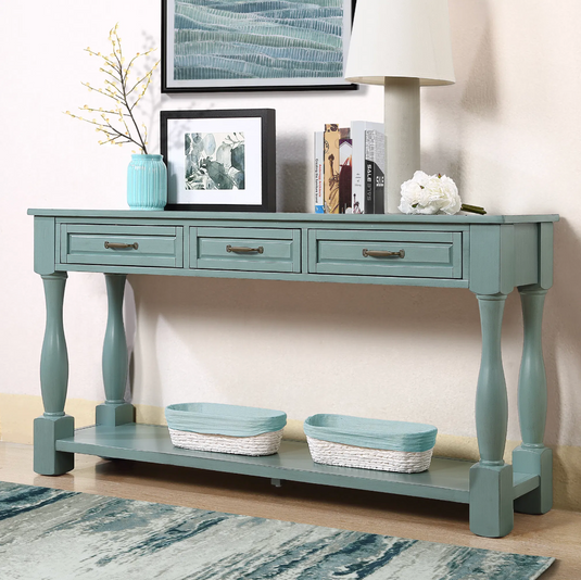 63" Extra-Long Solid Pine Console Table with 3 Drawers, Bottom Shelf & Turned Legs – Retro Blue