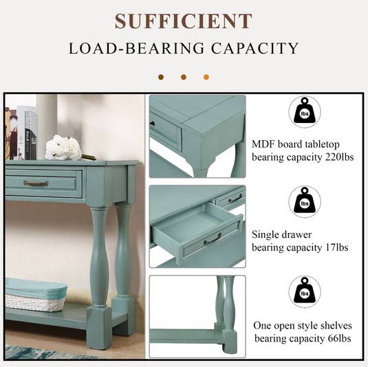 63" Extra-Long Solid Pine Console Table with 3 Drawers, Bottom Shelf & Turned Legs – Retro Blue