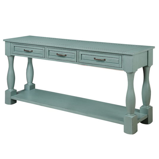63" Extra-Long Solid Pine Console Table with 3 Drawers, Bottom Shelf & Turned Legs – Retro Blue