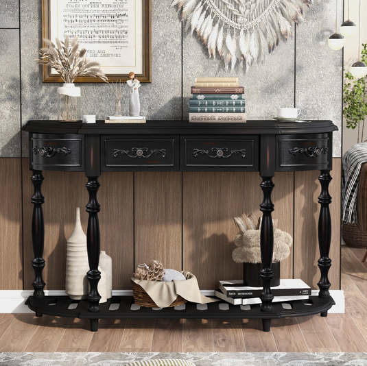 52" Black Carved Spindle-Leg Console Table